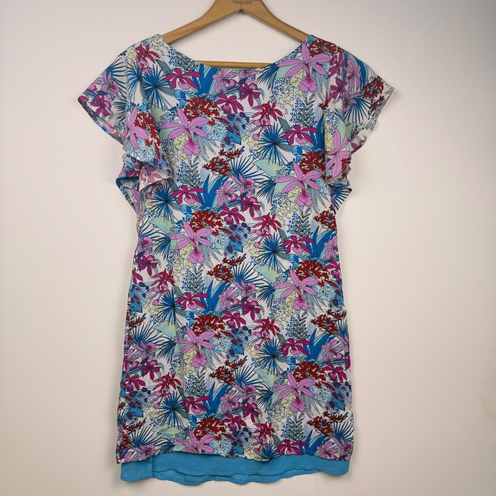 Mabel Tropical Floral Ruffle Sleeve Mini Dress Blue Pink Orchid Print Medium